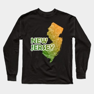 Colorful mandala art map of New Jersey with text in green and orange Long Sleeve T-Shirt